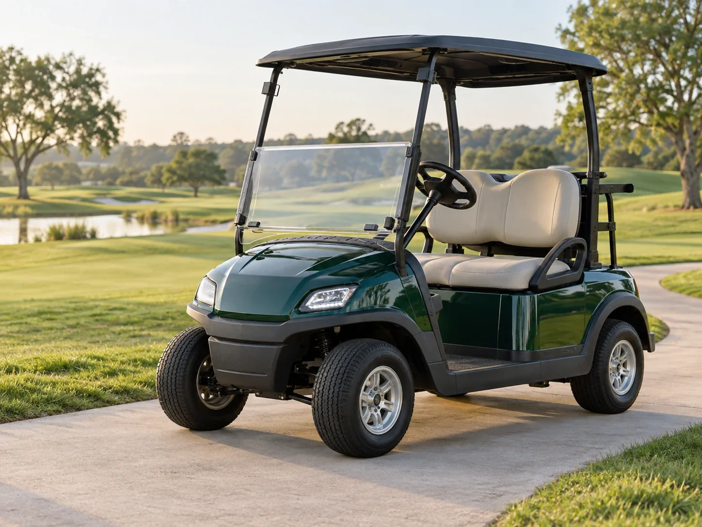 A forest-green golf cart on a sunlit course
