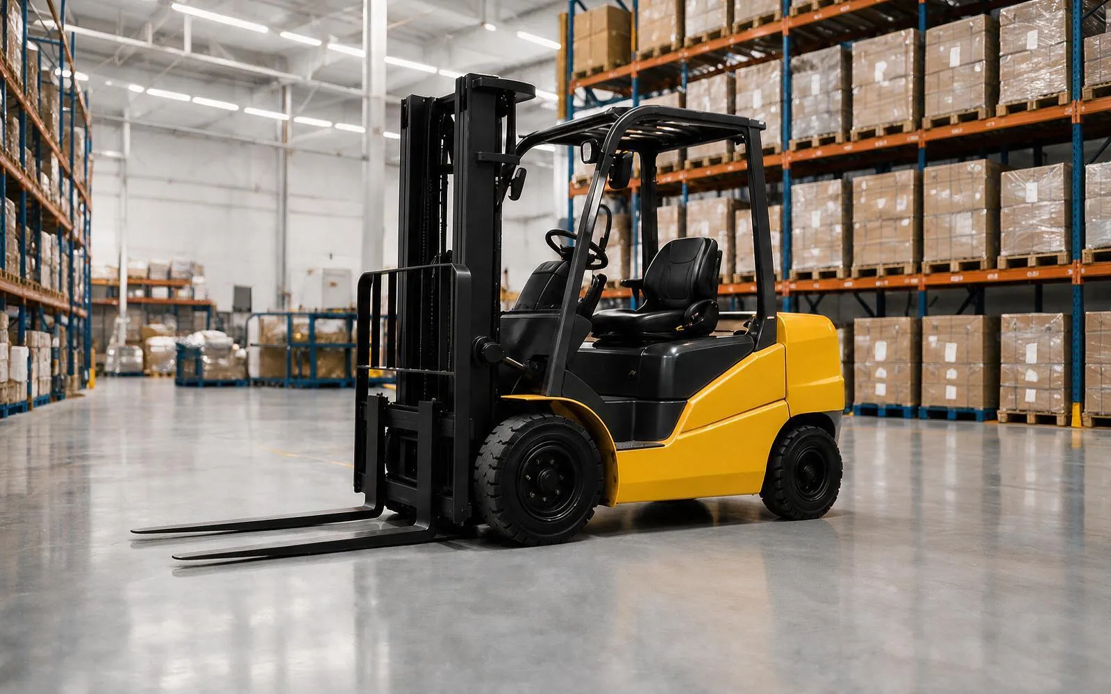A forklift travelling down a warehouse aisle
