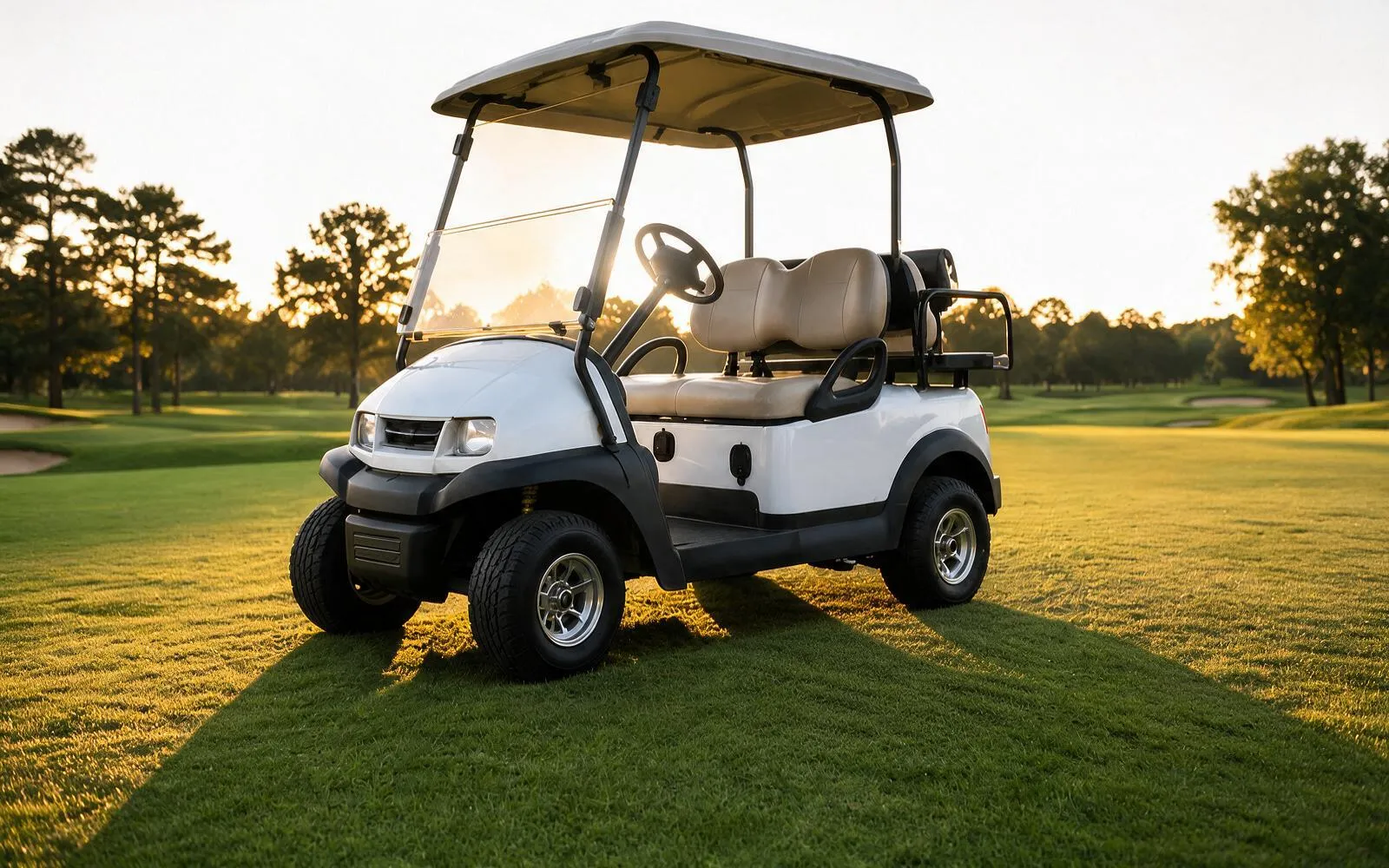 A golf cart driving away down a fairway at dawn