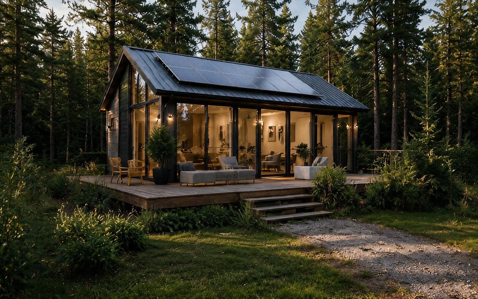 An off-grid cabin at dusk, roof solar panels above lit windows