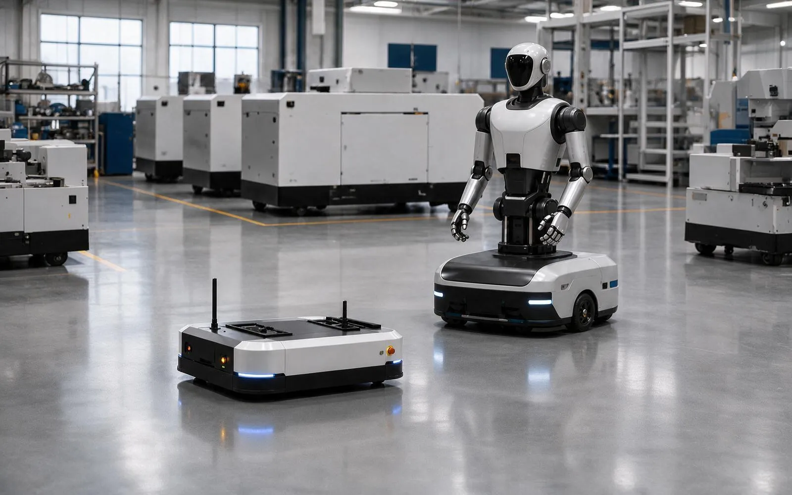 An automated guided vehicle crossing a factory floor beside a humanoid robot
