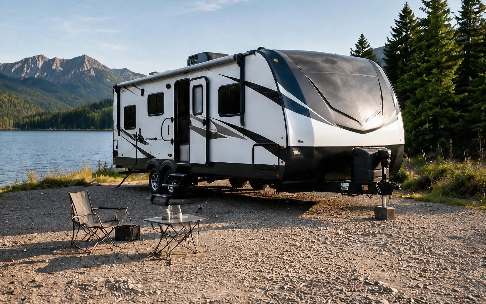 A travel trailer parked at a lakeside campsite below mountains
